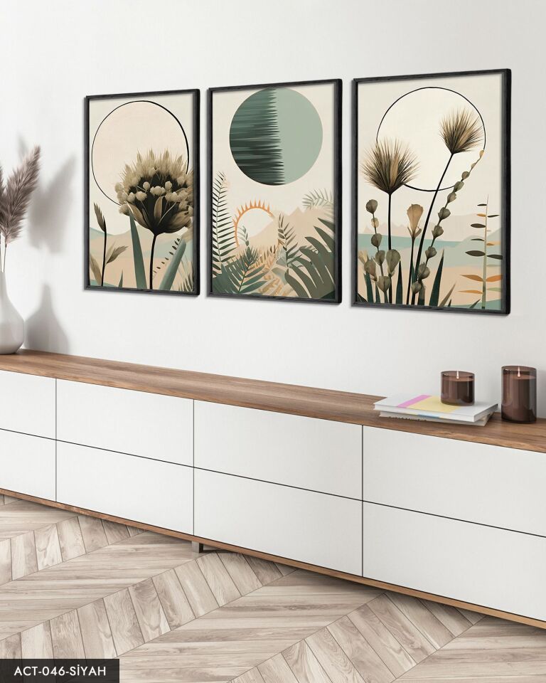 Boho Tarzı Suluboya Görünümlü 3 Parça Ahşap Çerçeveli Tablo ACT Siyah - 50 x 70 CM