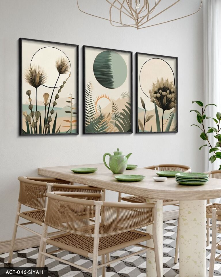 Boho Tarzı Suluboya Görünümlü 3 Parça Ahşap Çerçeveli Tablo ACT Siyah - 50 x 70 CM