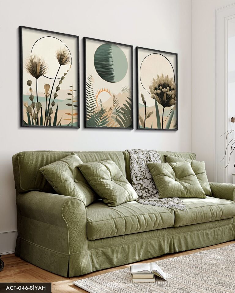 Boho Tarzı Suluboya Görünümlü 3 Parça Ahşap Çerçeveli Tablo ACT Siyah - 50 x 70 CM