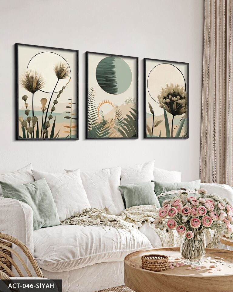 Boho Tarzı Suluboya Görünümlü 3 Parça Ahşap Çerçeveli Tablo ACT Siyah - 50 x 70 CM