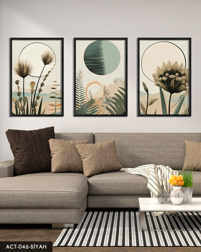 Boho Tarzı Suluboya Görünümlü 3 Parça Ahşap Çerçeveli Tablo ACT Siyah - 50 x 70 CM