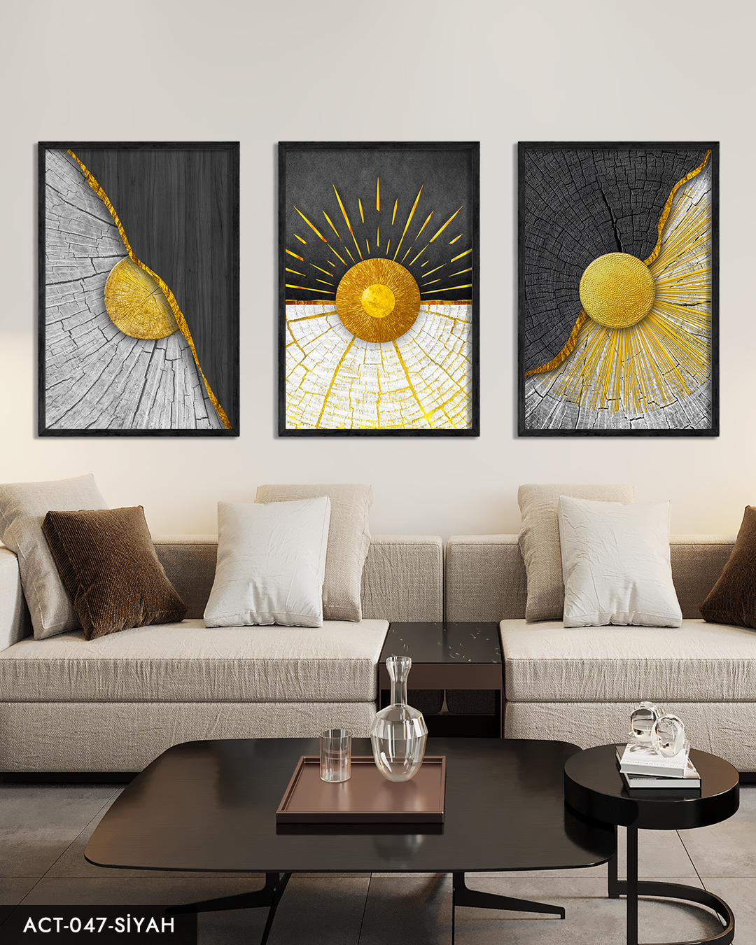 Soyut Altın Damar Desenli 3 Parça Ahşap Çerçeveli Tablo ACT Siyah - 50 x 70 CM