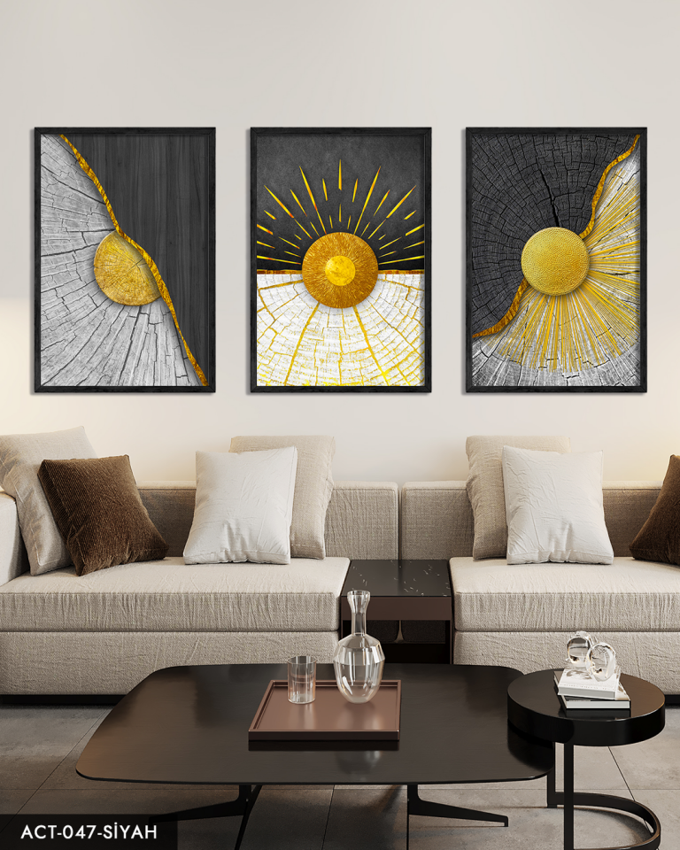 Soyut Altın Damar Desenli 3 Parça Ahşap Çerçeveli Tablo ACT Siyah - 50 x 70 CM