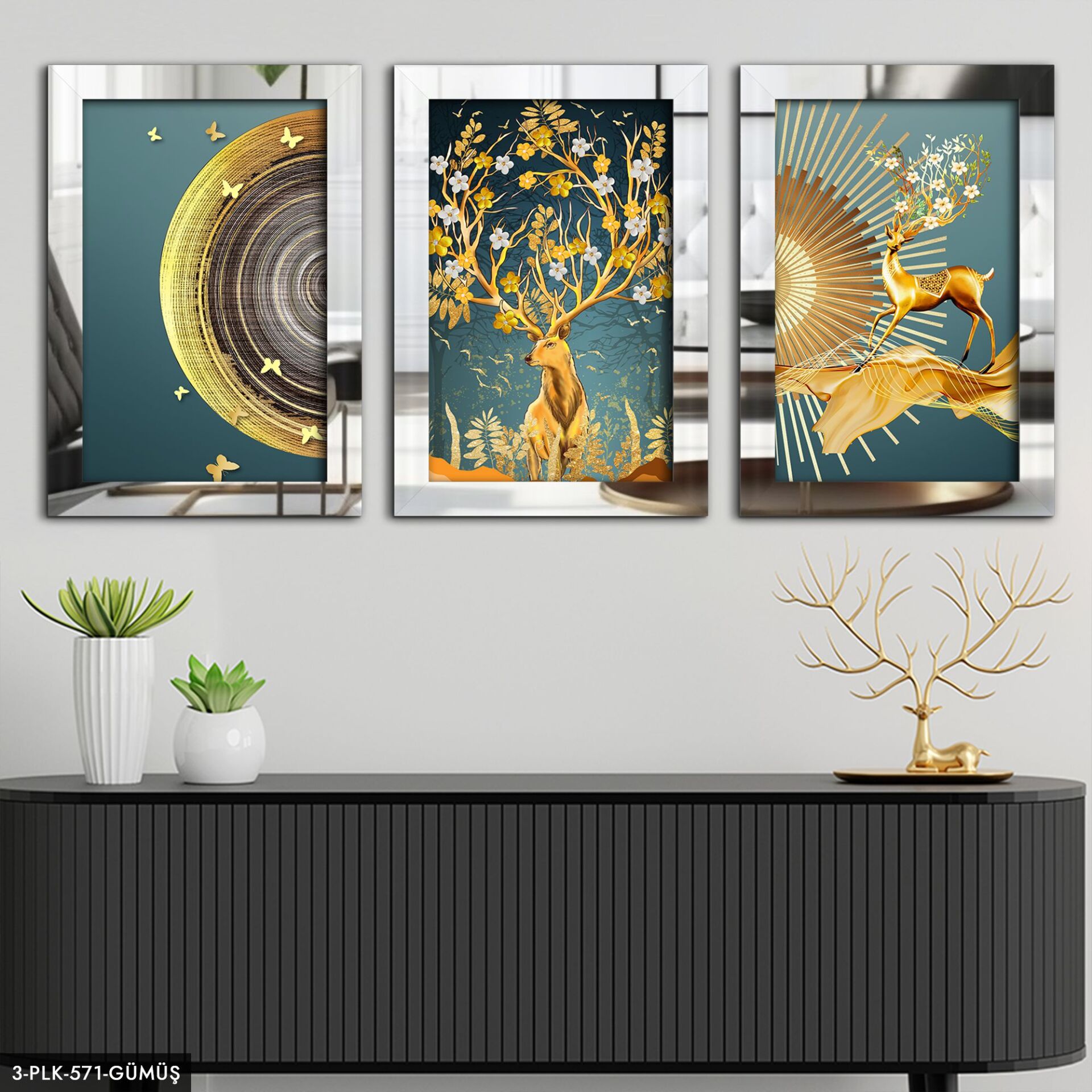 Soyut Geyik 3 Parça Pleksi Aynalı Tablo 20 x 30 CM - Gümüş