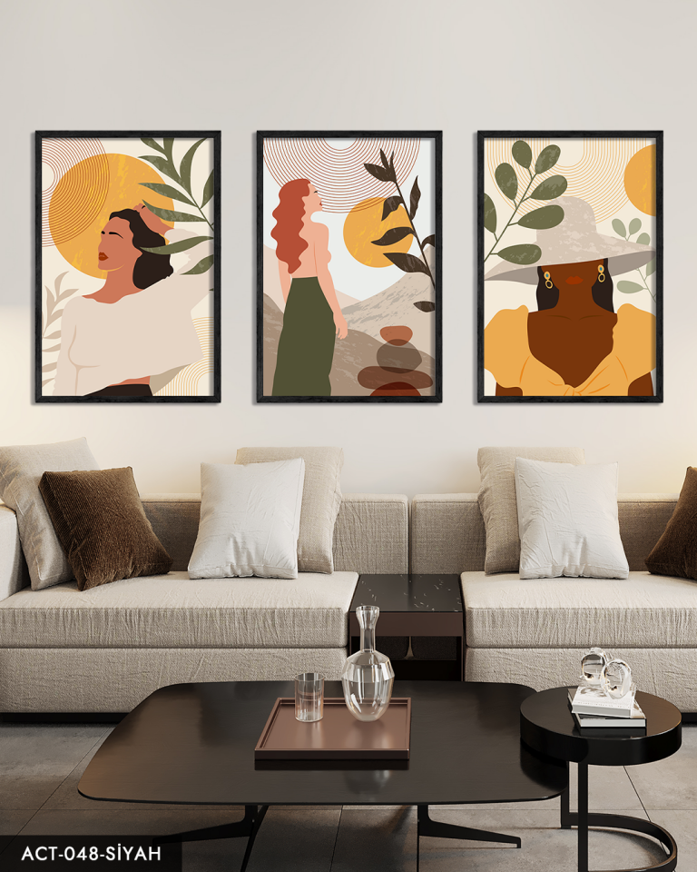 Boho Tarzı Sanatsal Kadın Portre 3 Parça Ahşap Çerçeveli Tablo ACT Siyah - 50 x 70 CM