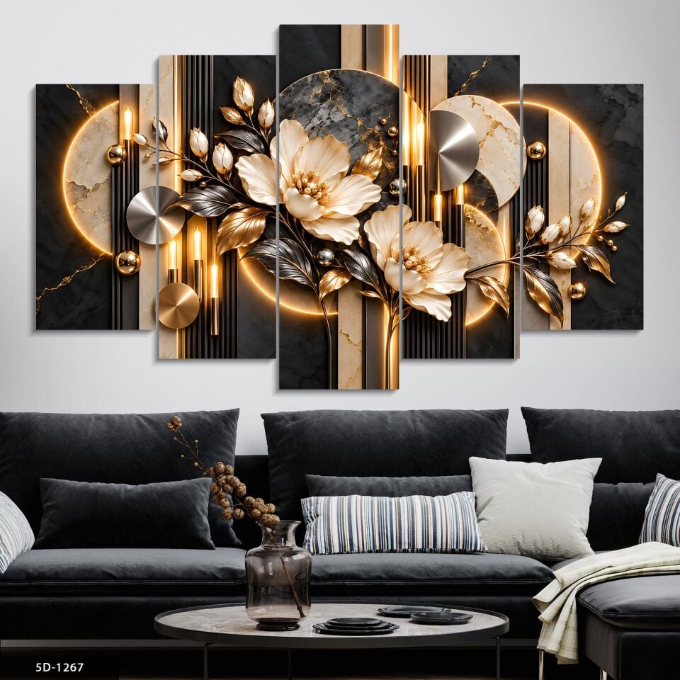 Gold Gümüş Yapraklı Beyaz Çiçek ve Yuvarlak Desenler 5 Parçalı MDF Tablo