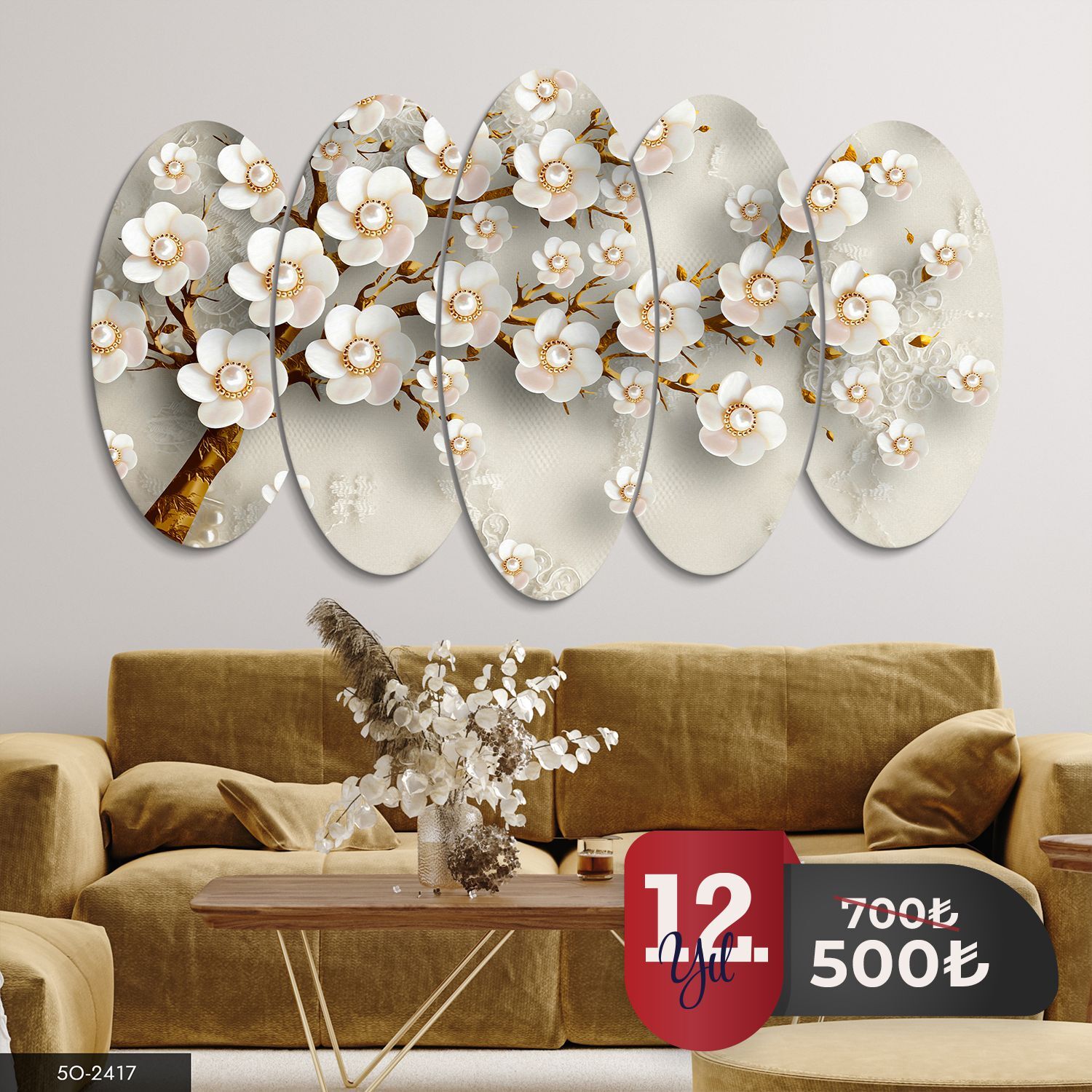 Gold Detaylı Beyaz Çiçek 5 Parça Mdf Tablo 60x100 CM