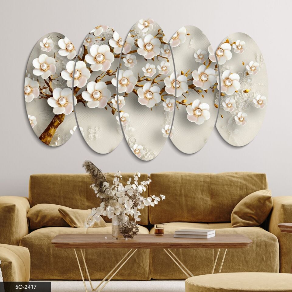 Gold Detaylı Beyaz Çiçek 5 Parça Mdf Tablo 60x100 CM