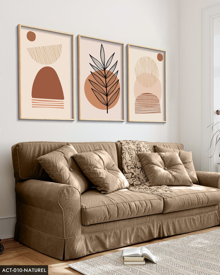 Soyut Tasarım Bohem Tarzı 3 Parça Ahşap Çerçeveli Tablo ACT Naturel - 40 x 60 CM
