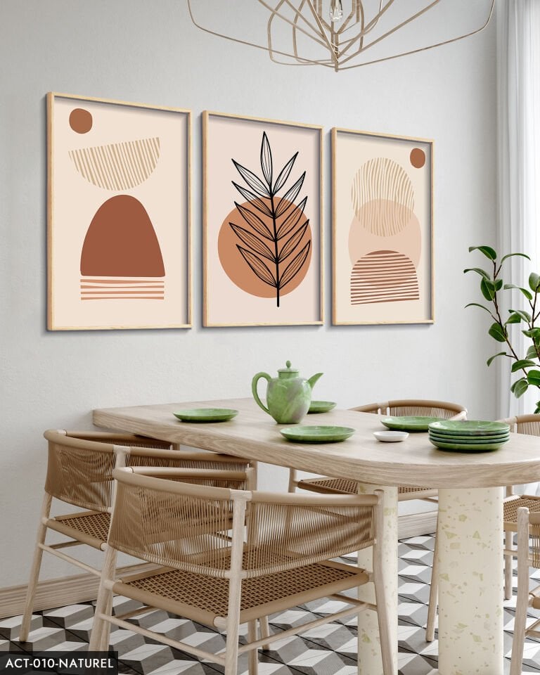 Soyut Tasarım Bohem Tarzı 3 Parça Ahşap Çerçeveli Tablo ACT Naturel - 40 x 60 CM