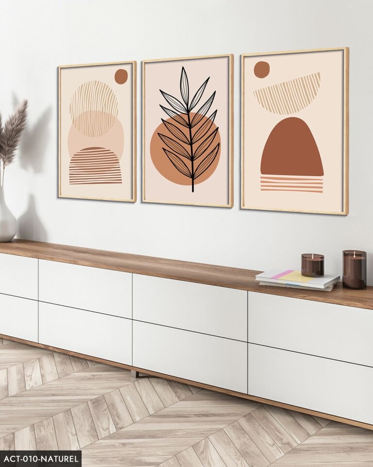 Soyut Tasarım Bohem Tarzı 3 Parça Ahşap Çerçeveli Tablo ACT Naturel - 40 x 60 CM