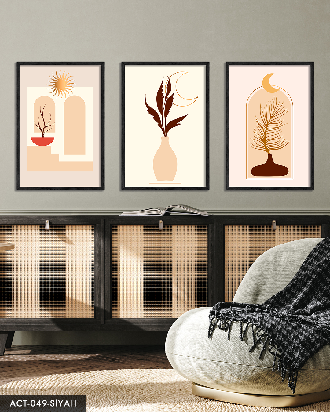 Soyut Tasarım Çizim Bohem Tarzı 3 Parça Ahşap Çerçeveli Tablo ACT Siyah - 50 x 70 CM