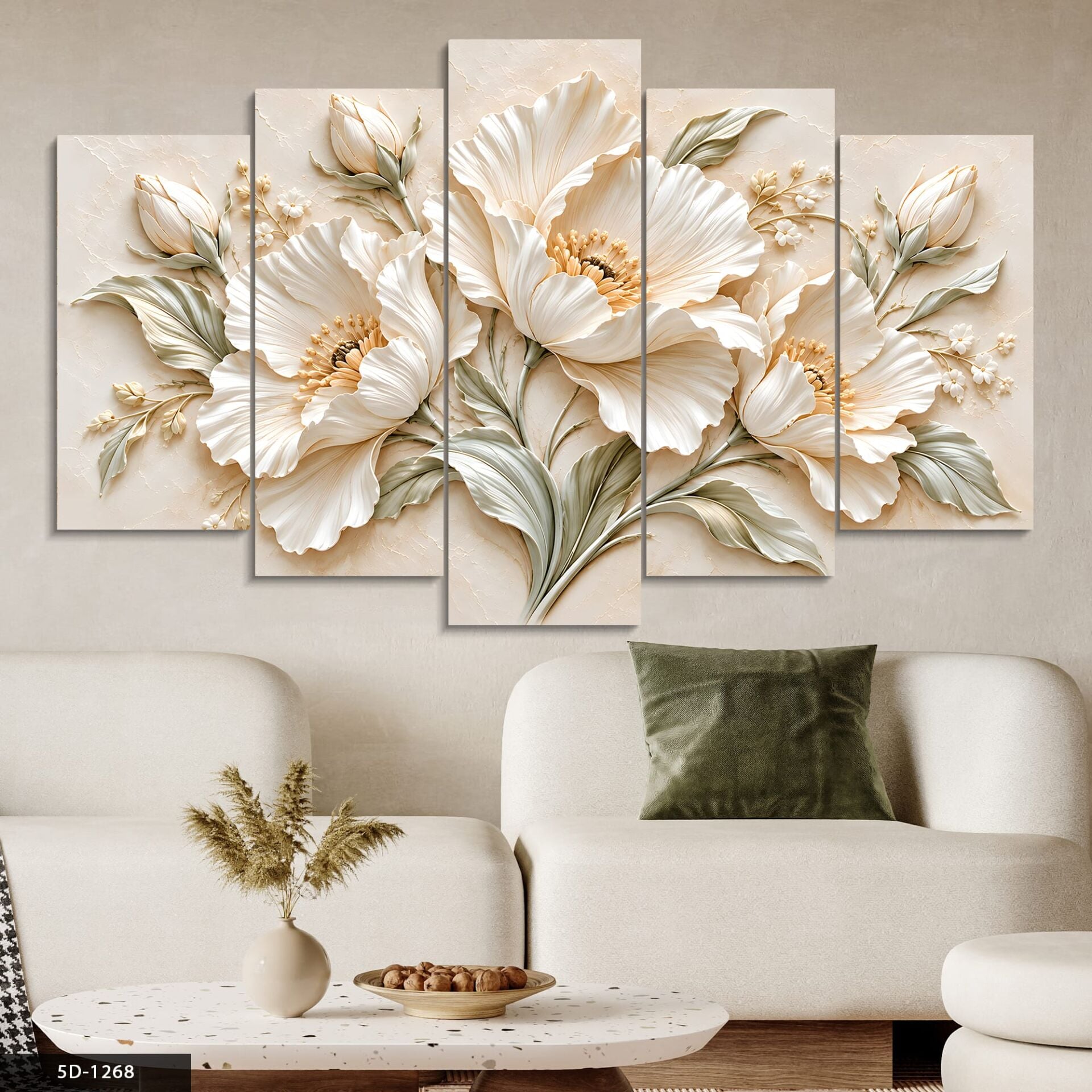Dokulu Görünüm Narin Beyaz Çiçek 5 Parçalı MDF Tablo