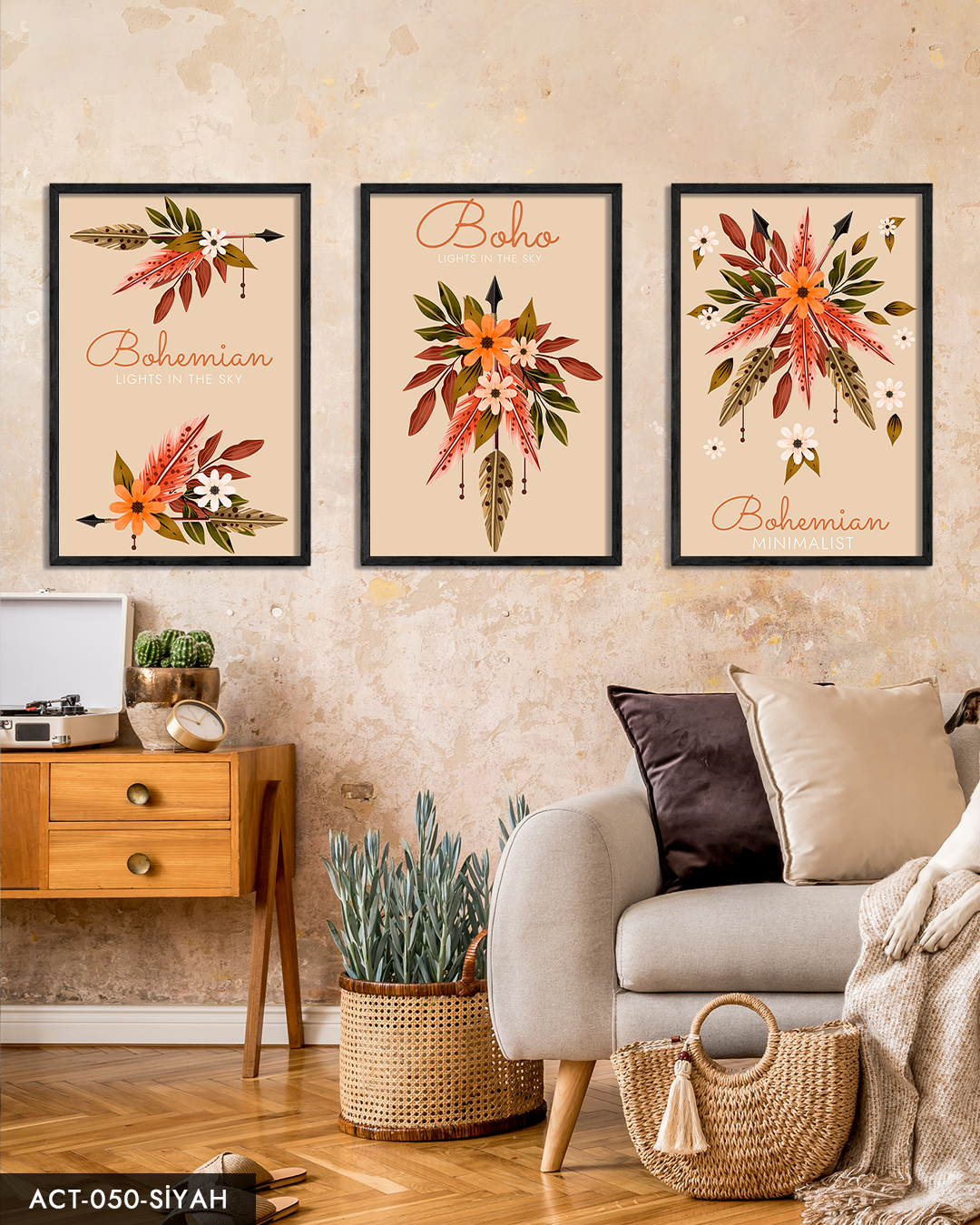 Boho Tarz, Çiçek, 3 Parça Ahşap Çerçeveli Tablo ACT Siyah - 50 x 70 CM