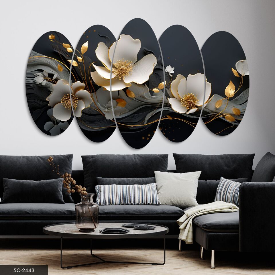 Gold Detaylı Beyaz Çiçek 5 Parça Mdf Tablo 60x100 CM