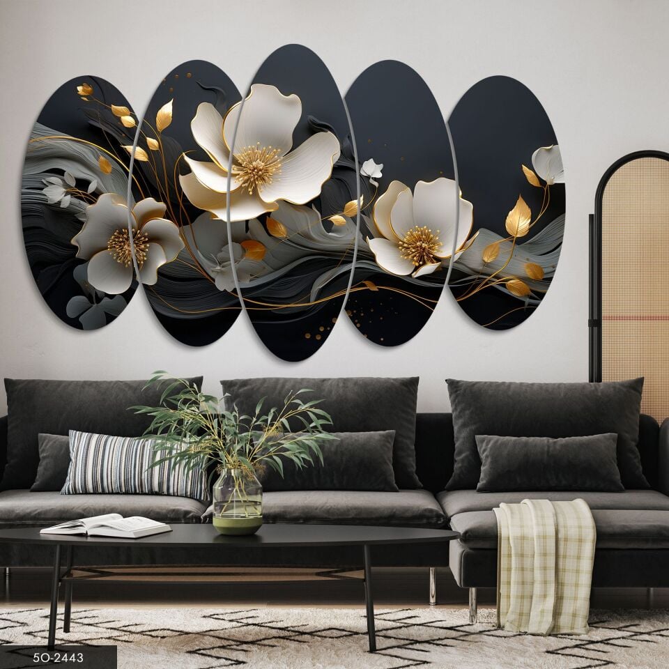 Gold Detaylı Beyaz Çiçek 5 Parça Mdf Tablo 60x100 CM