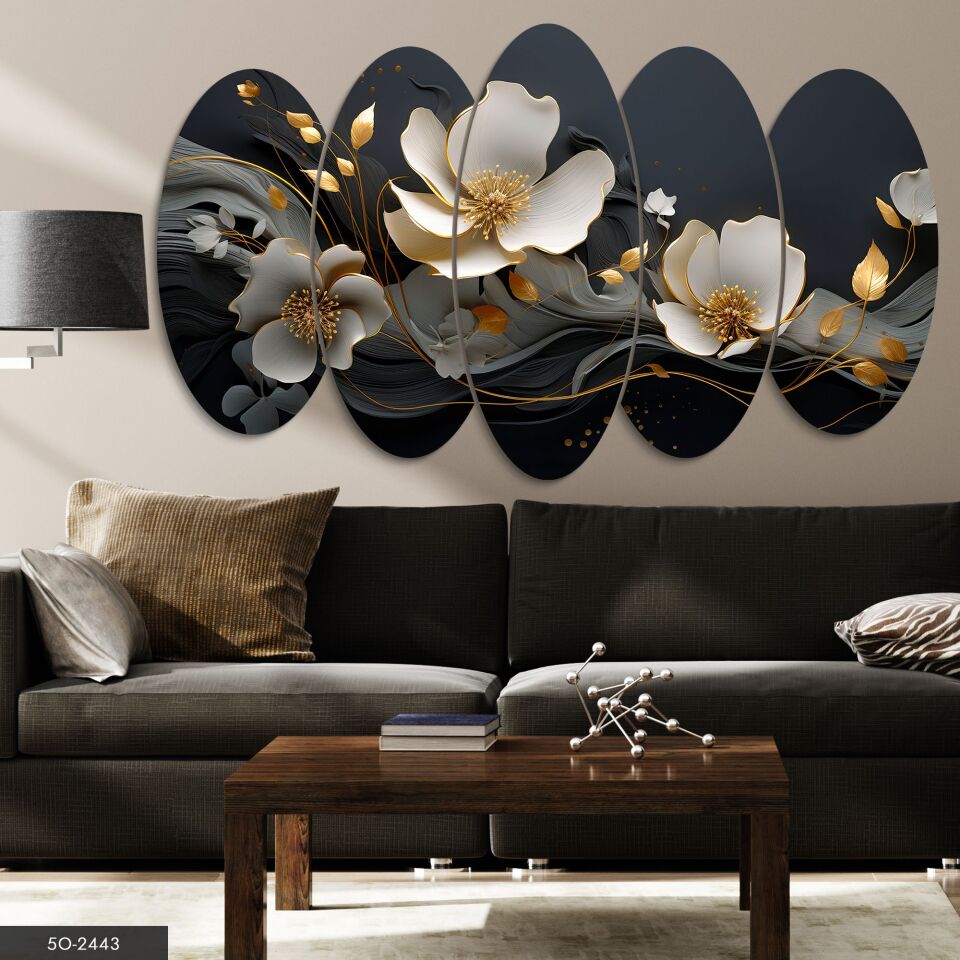 Gold Detaylı Beyaz Çiçek 5 Parça Mdf Tablo 60x100 CM