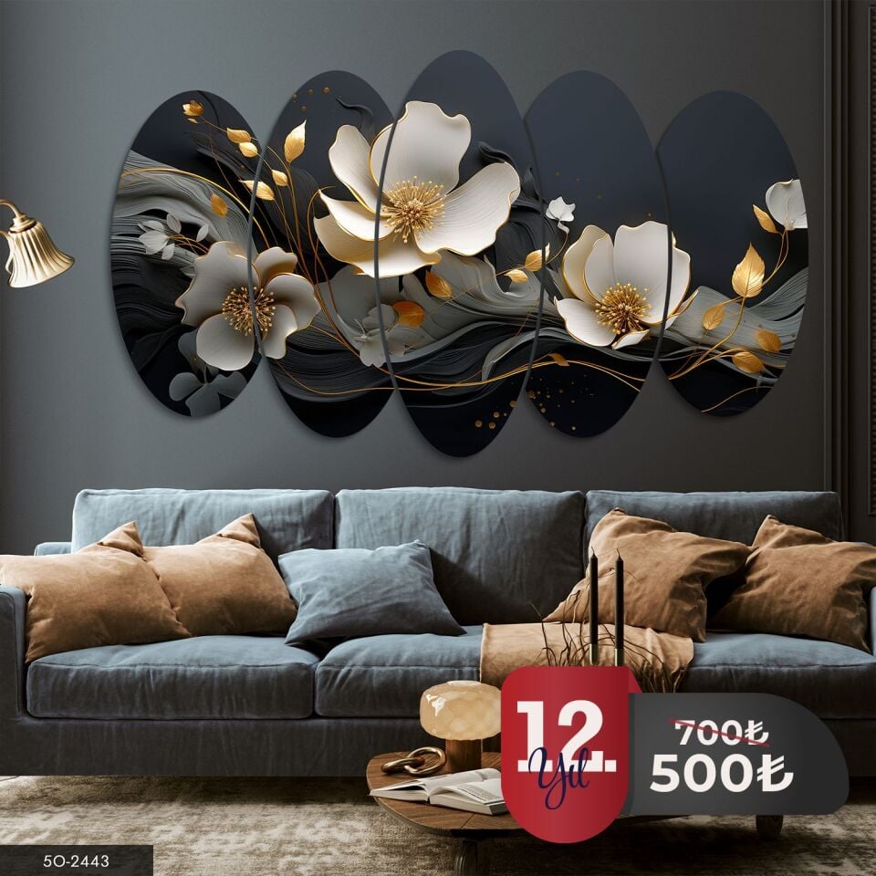 Gold Detaylı Beyaz Çiçek 5 Parça Mdf Tablo 60x100 CM