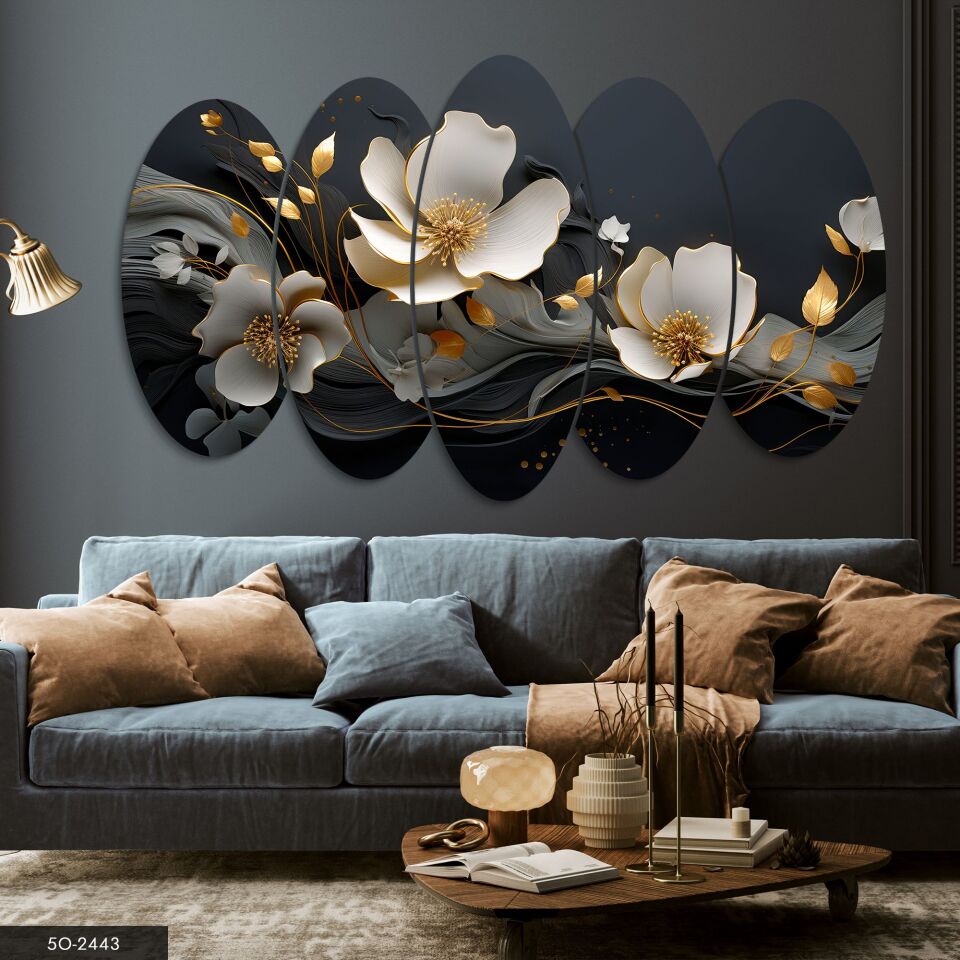 Gold Detaylı Beyaz Çiçek 5 Parça Mdf Tablo 60x100 CM