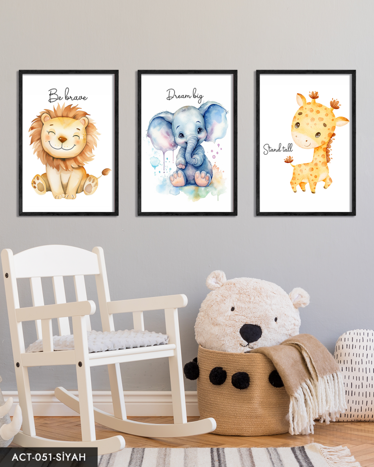 Zürafa, Fil, Aslan Figürlü Çocuklara Özel 3 Parça Ahşap Çerçeveli Tablo ACT Siyah - 50 x 70 CM