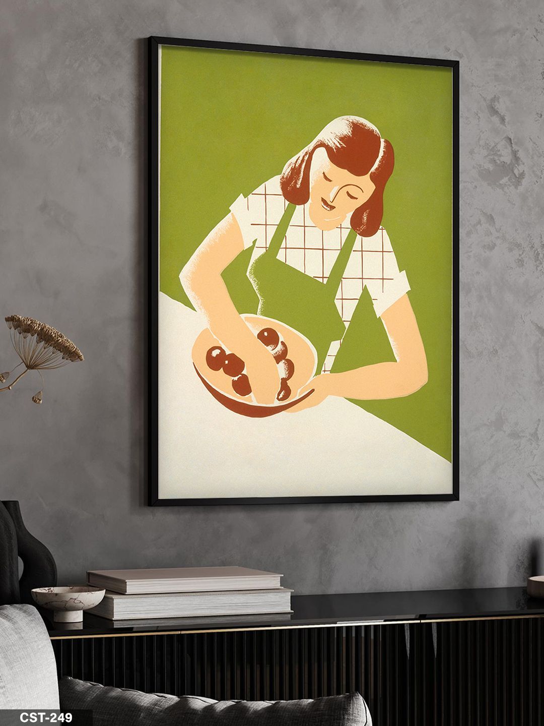 Mutfakta Kadın Tek Parça Ahşap Çerçeveli Tablo Siyah - 20 x 30 CM