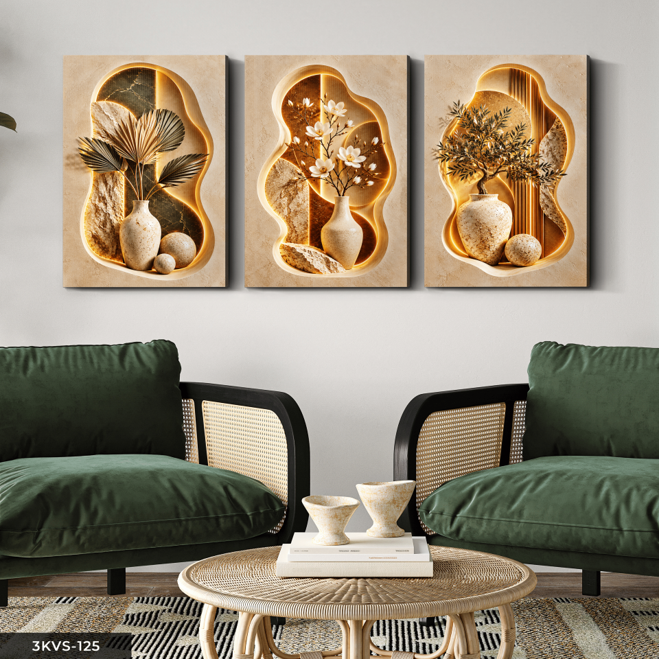 Vazoda Bitki ve Çiçekler 3 Parça Kanvas - Canvas Tablo