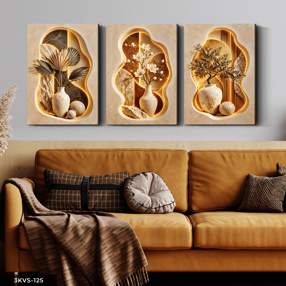 Vazoda Bitki ve Çiçekler 3 Parça Kanvas - Canvas Tablo