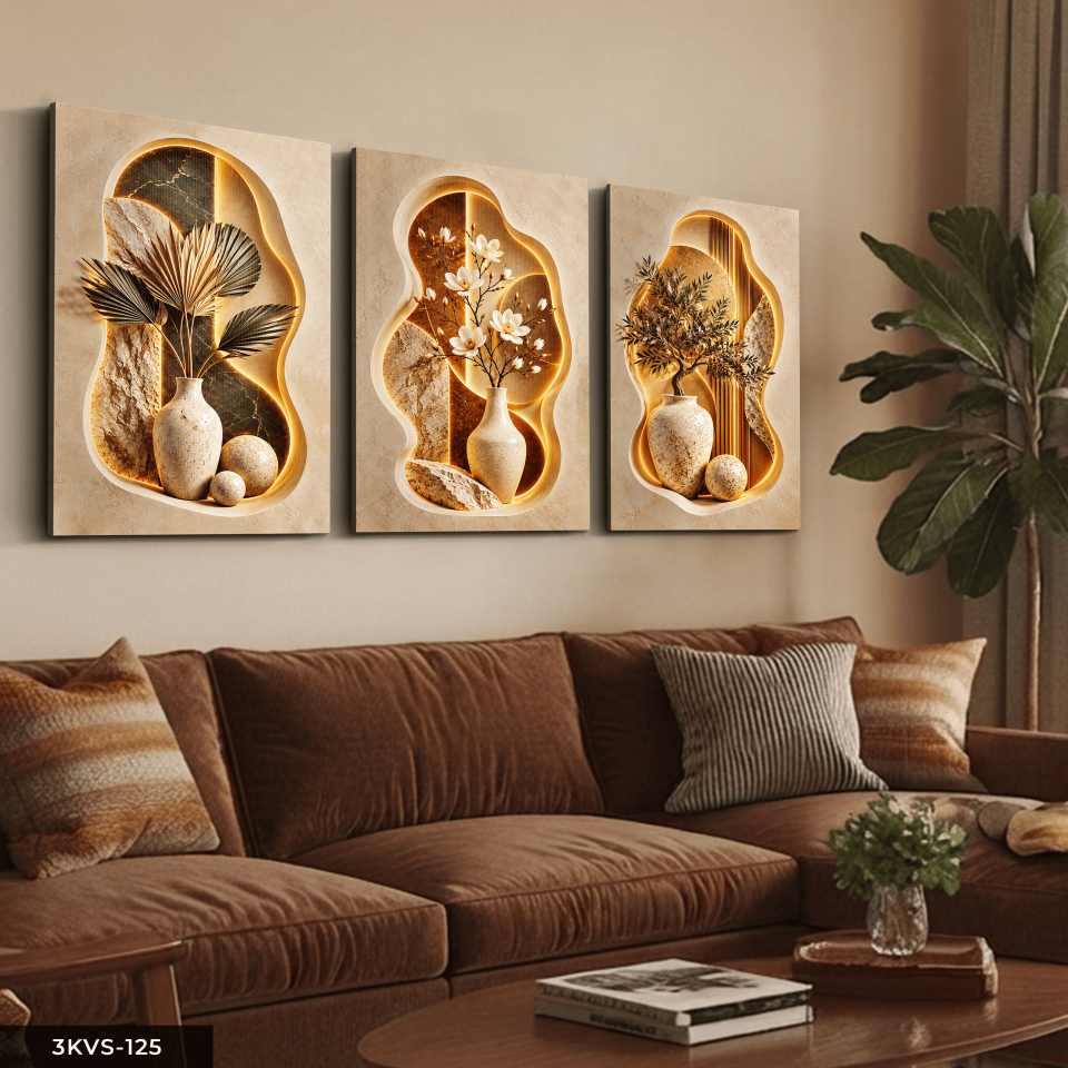 Vazoda Bitki ve Çiçekler 3 Parça Kanvas - Canvas Tablo
