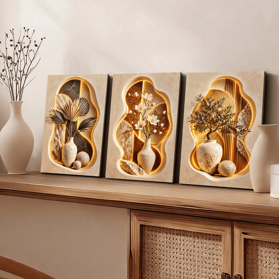 Vazoda Bitki ve Çiçekler 3 Parça Kanvas - Canvas Tablo