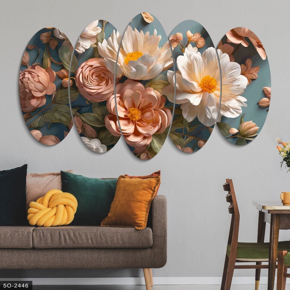 Renkli Narin Çiçekler 5 Parça Mdf Tablo 60x100 CM