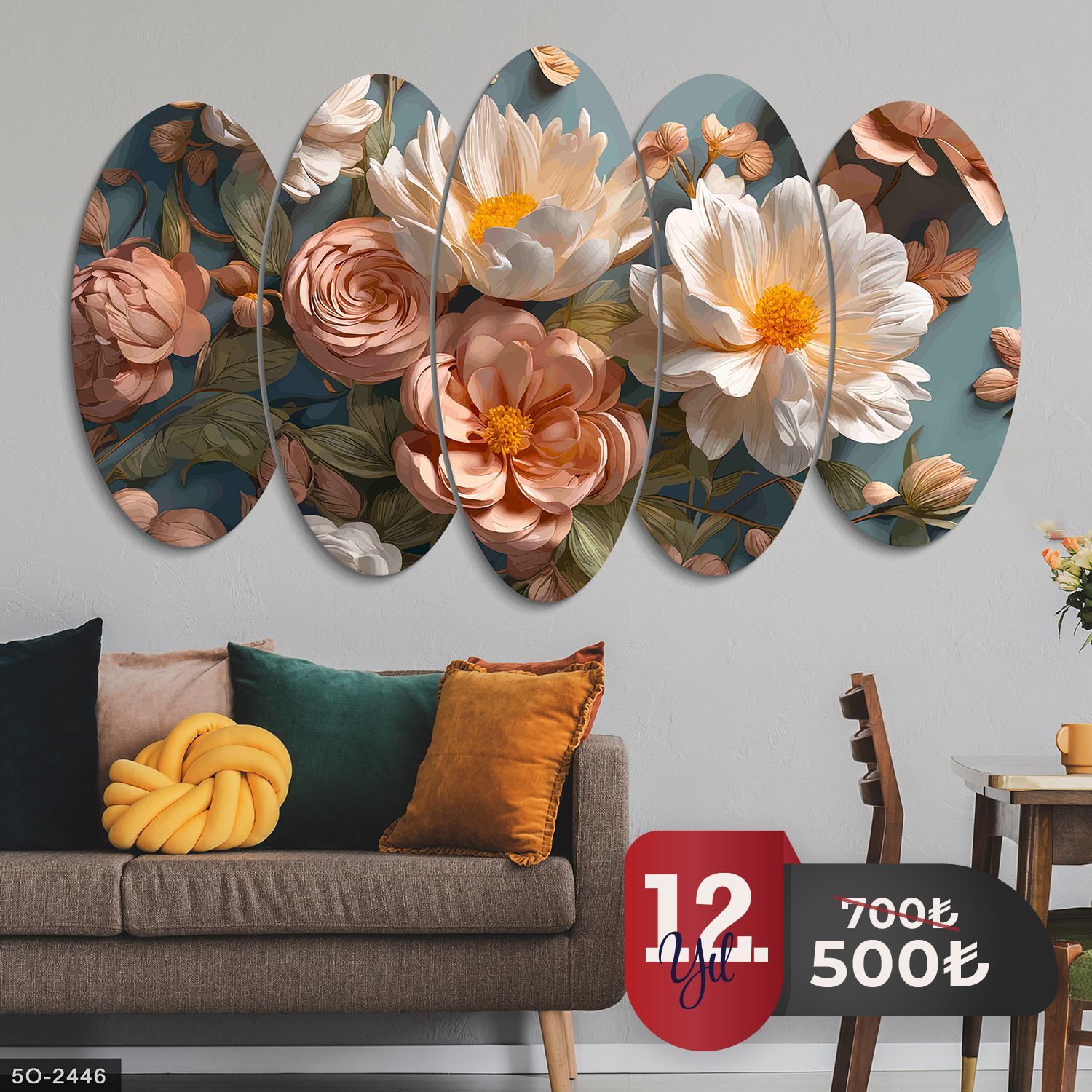 Renkli Narin Çiçekler 5 Parça Mdf Tablo 60x100 CM