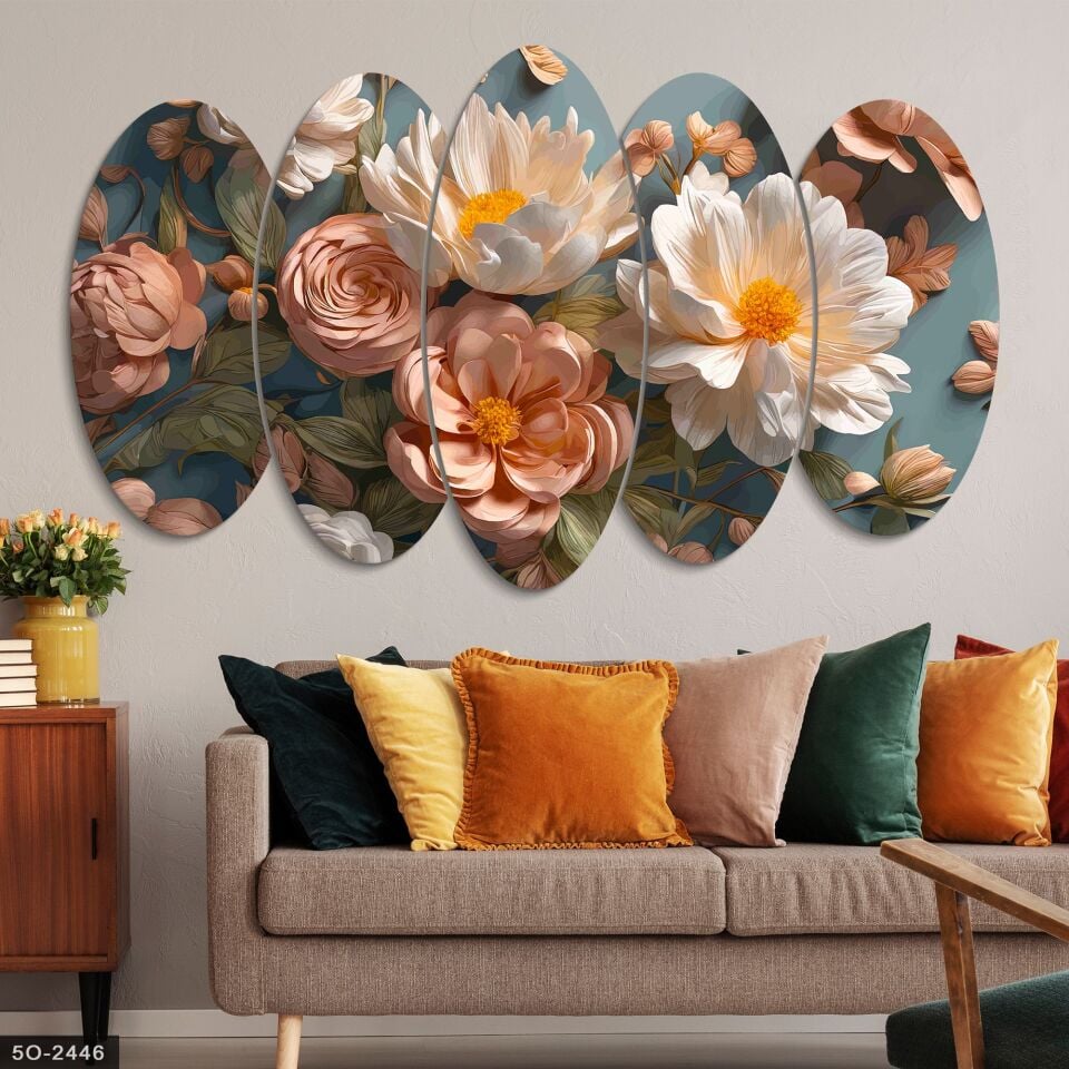 Renkli Narin Çiçekler 5 Parça Mdf Tablo 60x100 CM
