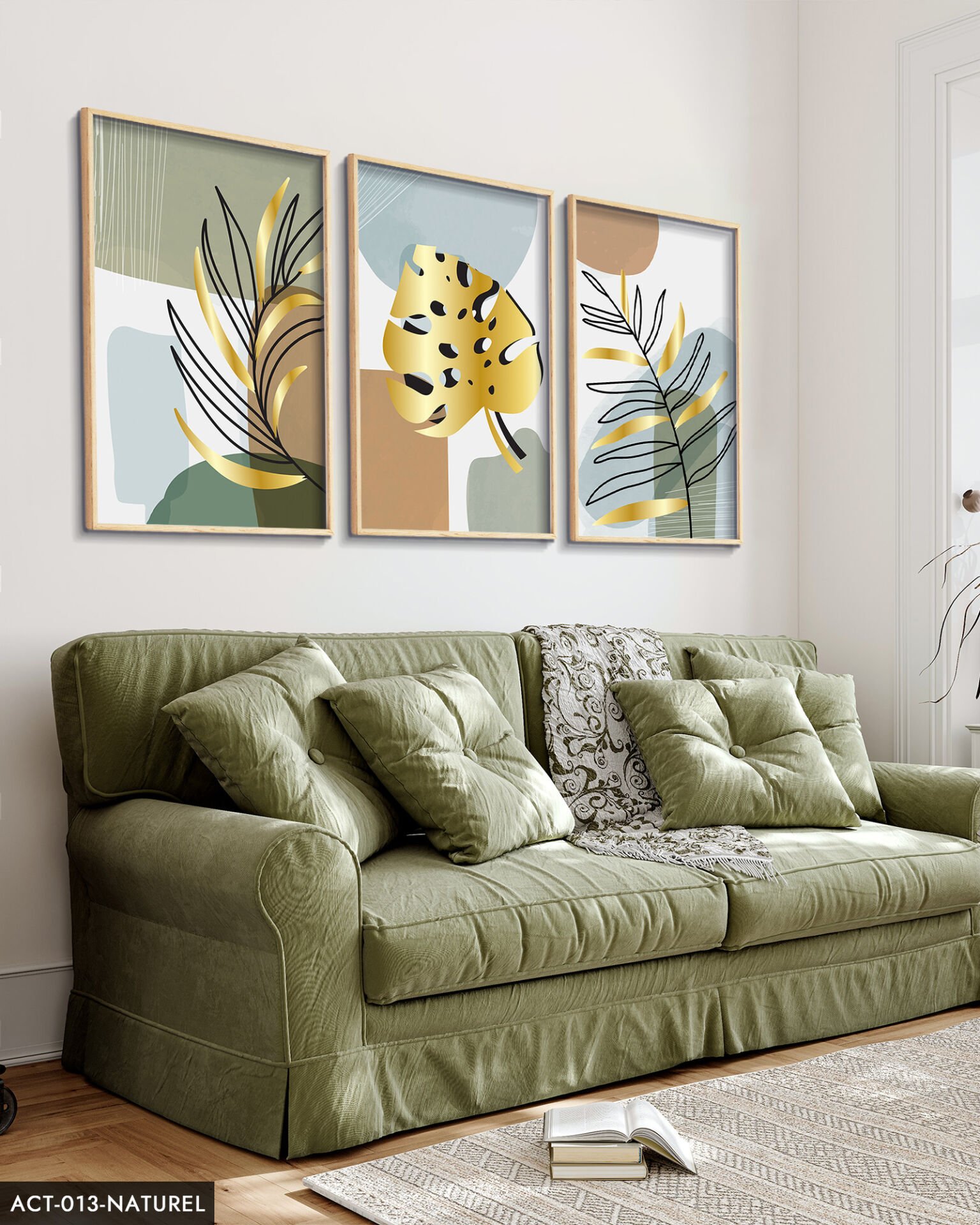 Gold, Beyaz, Tüy, Yaprak, 3 Parça Ahşap Çerçeveli Tablo ACT Naturel - 40 x 60 CM