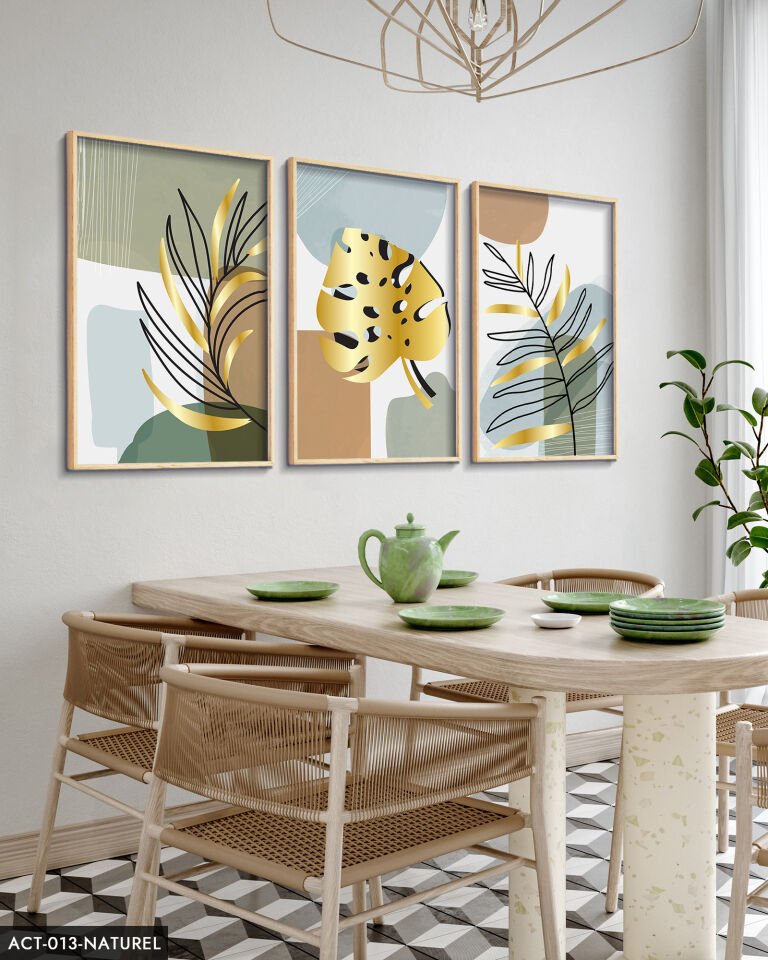 Gold, Beyaz, Tüy, Yaprak, 3 Parça Ahşap Çerçeveli Tablo ACT Naturel - 40 x 60 CM