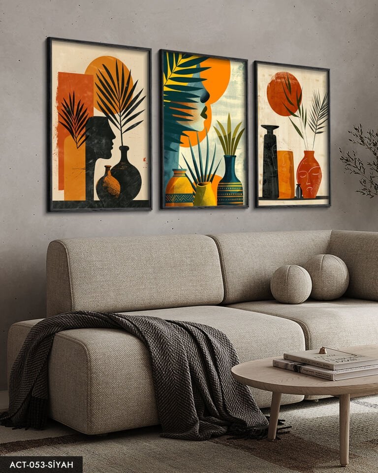 Bohem Tarz Modern 3 Parça Ahşap Çerçeveli Tablo ACT Siyah - 50 x 70 CM