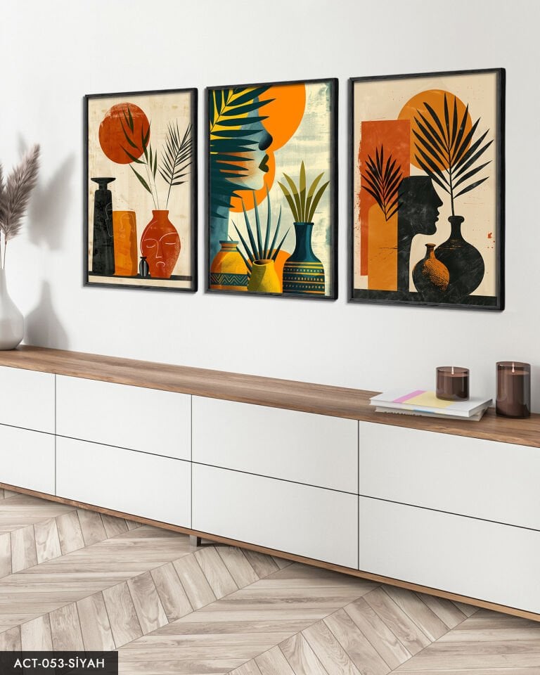 Bohem Tarz Modern 3 Parça Ahşap Çerçeveli Tablo ACT Siyah - 50 x 70 CM