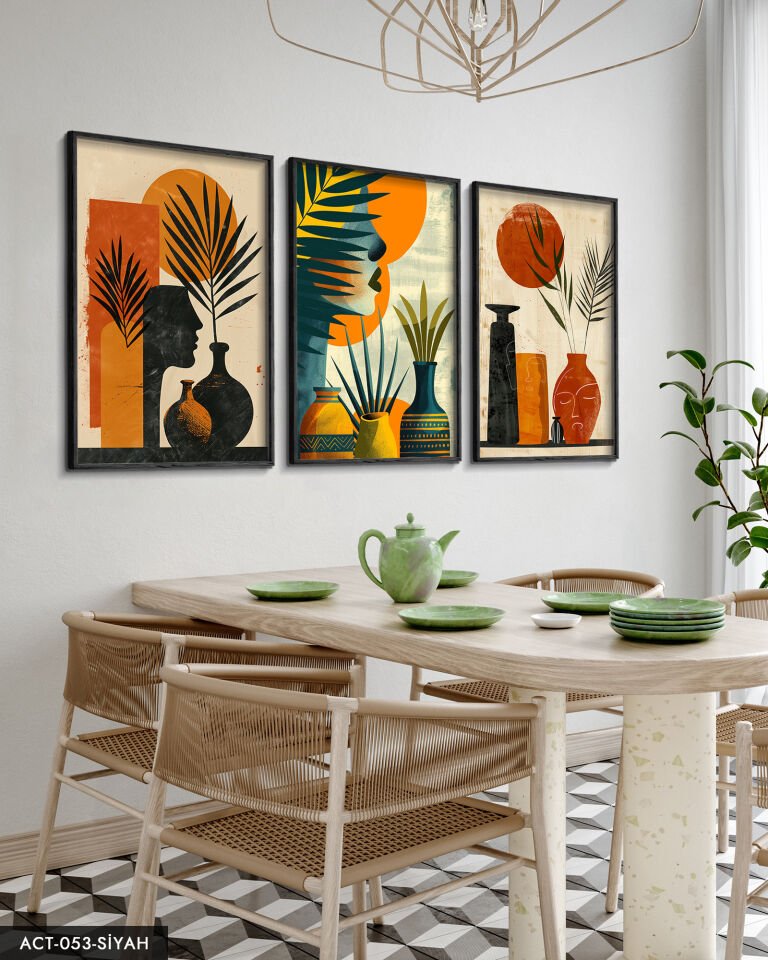 Bohem Tarz Modern 3 Parça Ahşap Çerçeveli Tablo ACT Siyah - 50 x 70 CM