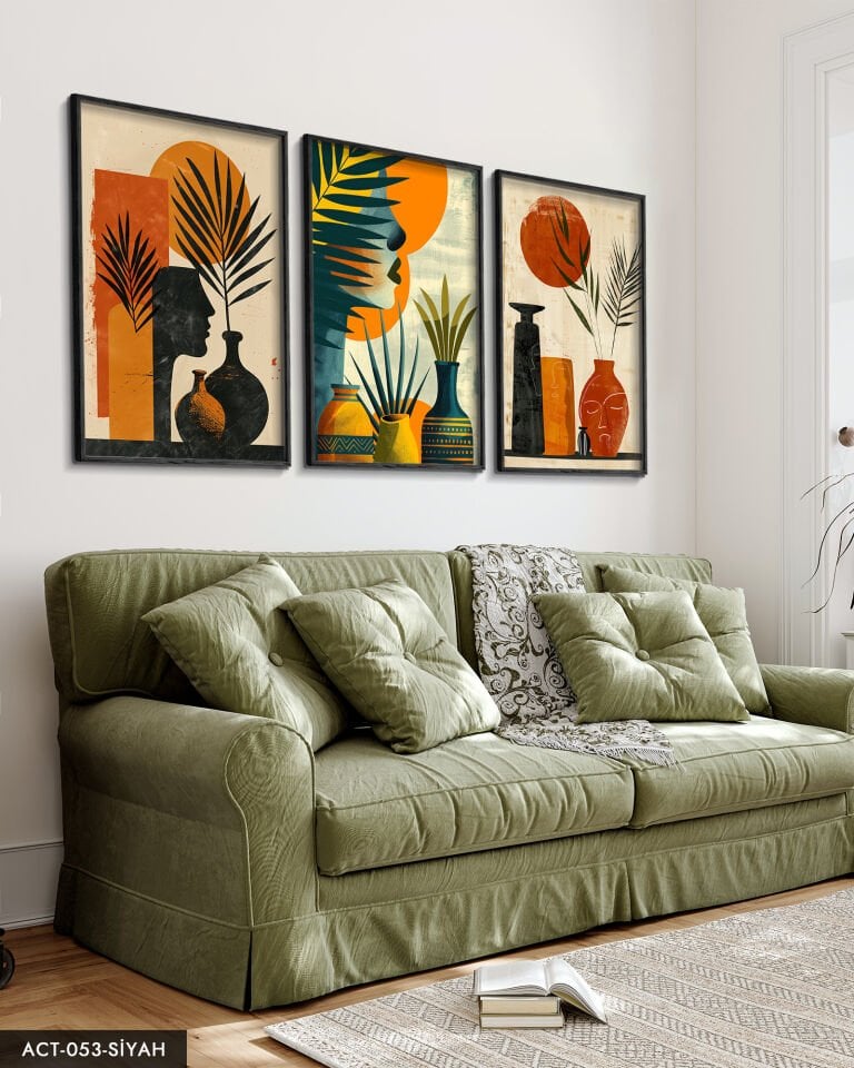 Bohem Tarz Modern 3 Parça Ahşap Çerçeveli Tablo ACT Siyah - 50 x 70 CM
