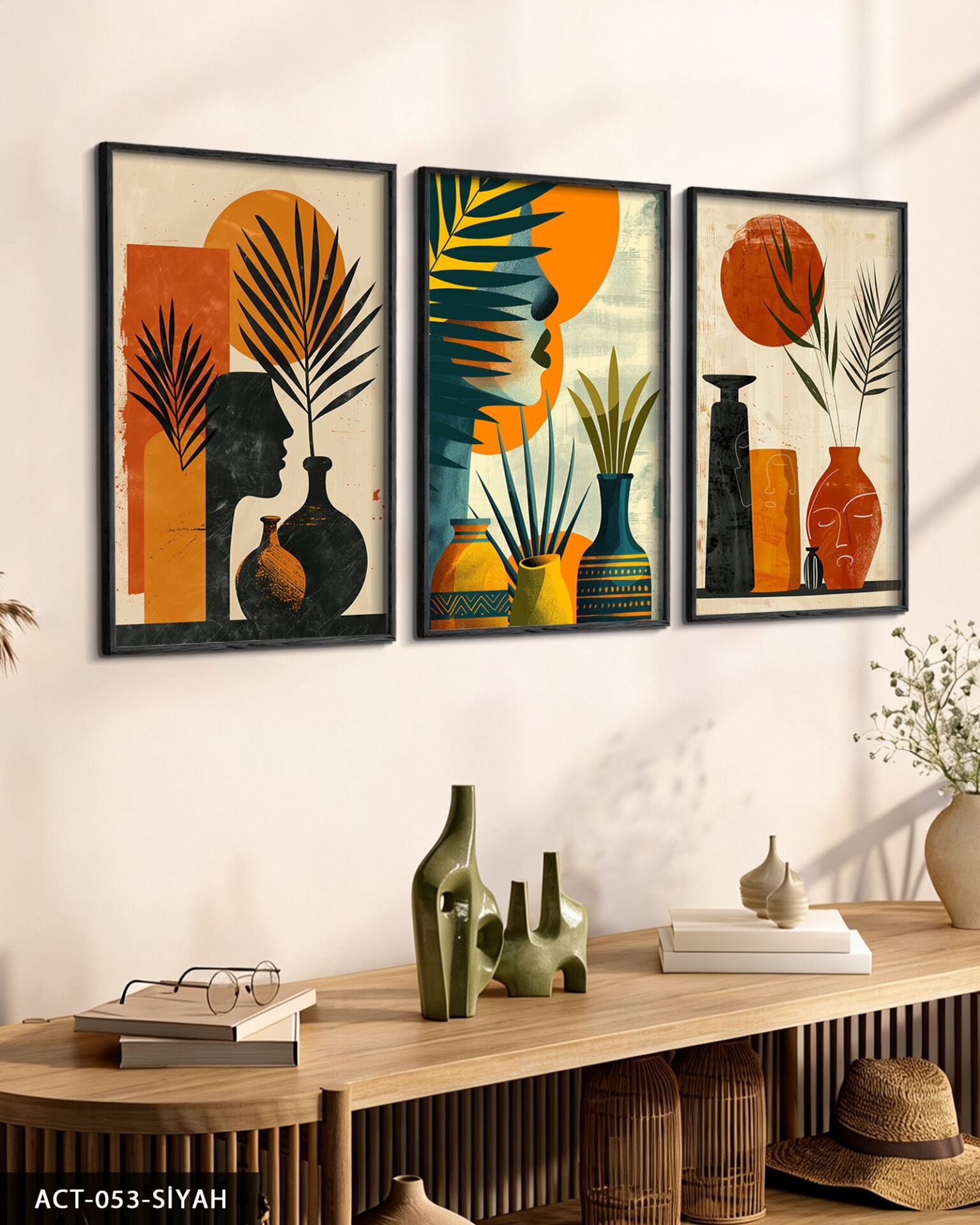 Bohem Tarz Modern 3 Parça Ahşap Çerçeveli Tablo ACT Siyah - 50 x 70 CM
