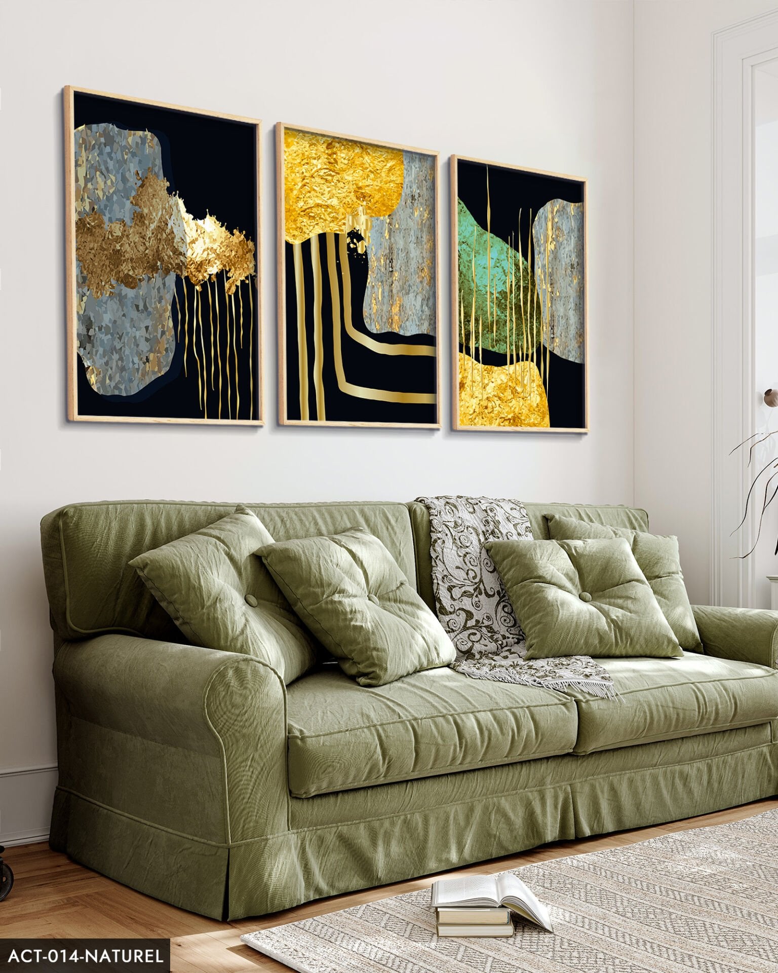 Soyut Gold Desenler 3 Parça Ahşap Çerçeveli Tablo ACT Naturel - 40 x 60 CM