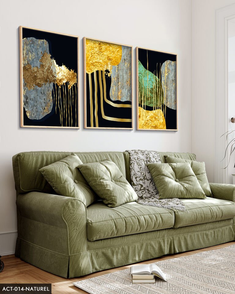 Soyut Gold Desenler 3 Parça Ahşap Çerçeveli Tablo ACT Naturel - 40 x 60 CM