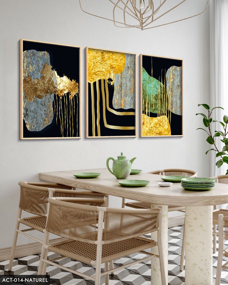 Soyut Gold Desenler 3 Parça Ahşap Çerçeveli Tablo ACT Naturel - 40 x 60 CM