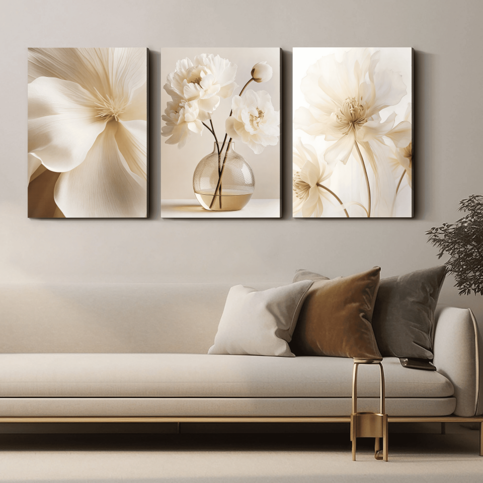 Beyaz Narin Çiçekler 3 Parça Kanvas - Canvas Tablo