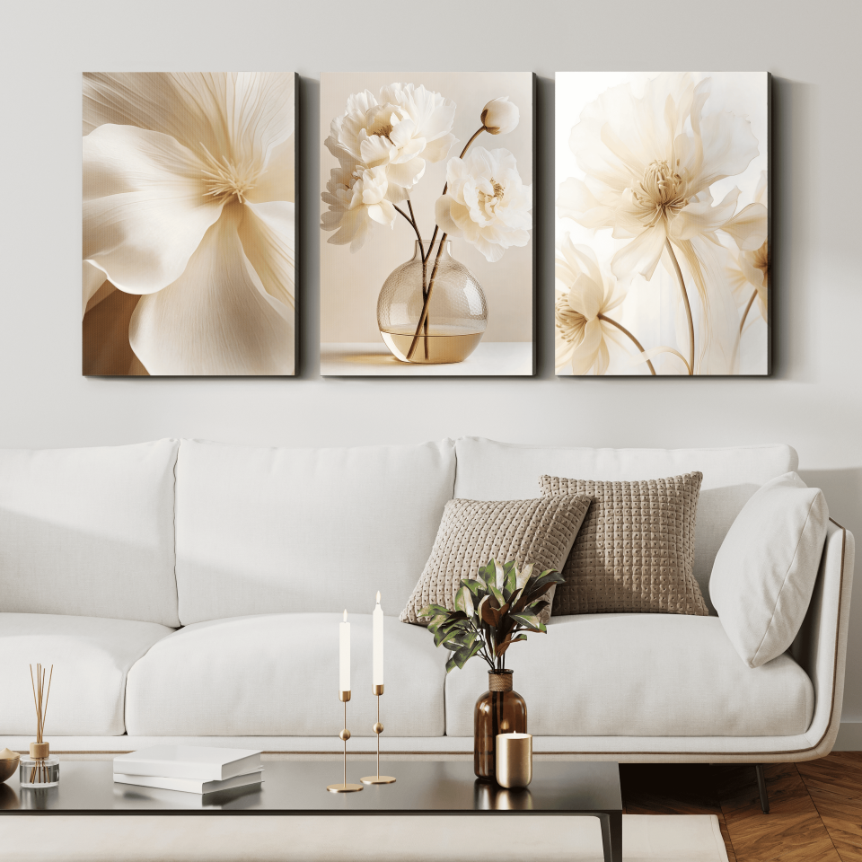 Beyaz Narin Çiçekler 3 Parça Kanvas - Canvas Tablo