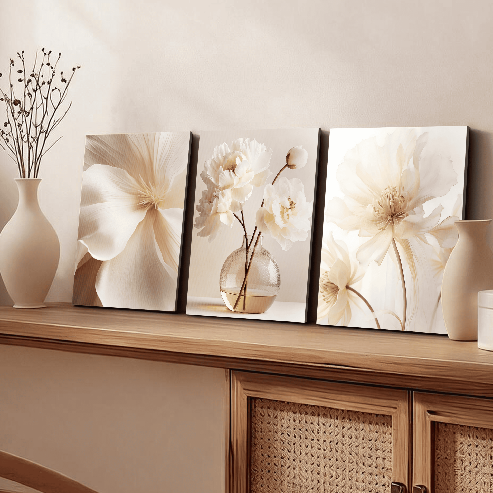 Beyaz Narin Çiçekler 3 Parça Kanvas - Canvas Tablo