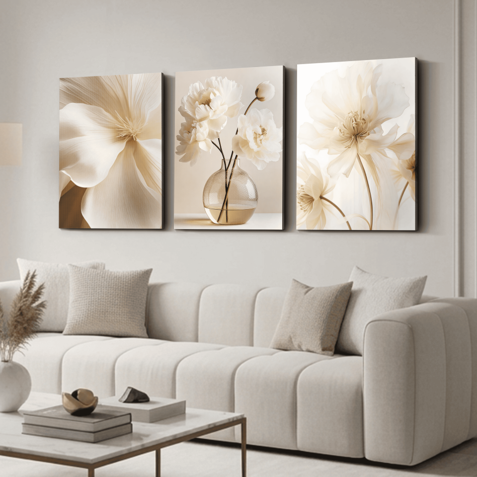 Beyaz Narin Çiçekler 3 Parça Kanvas - Canvas Tablo