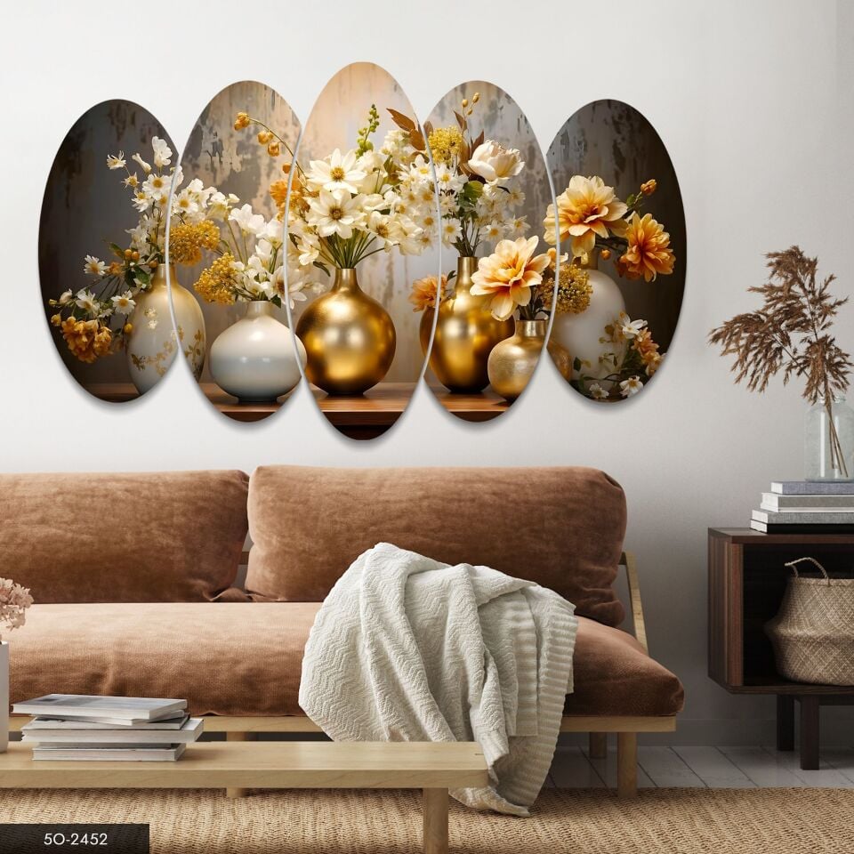 Gold Vazoda Çiçekler 5 Parça Mdf Tablo 60x100 CM