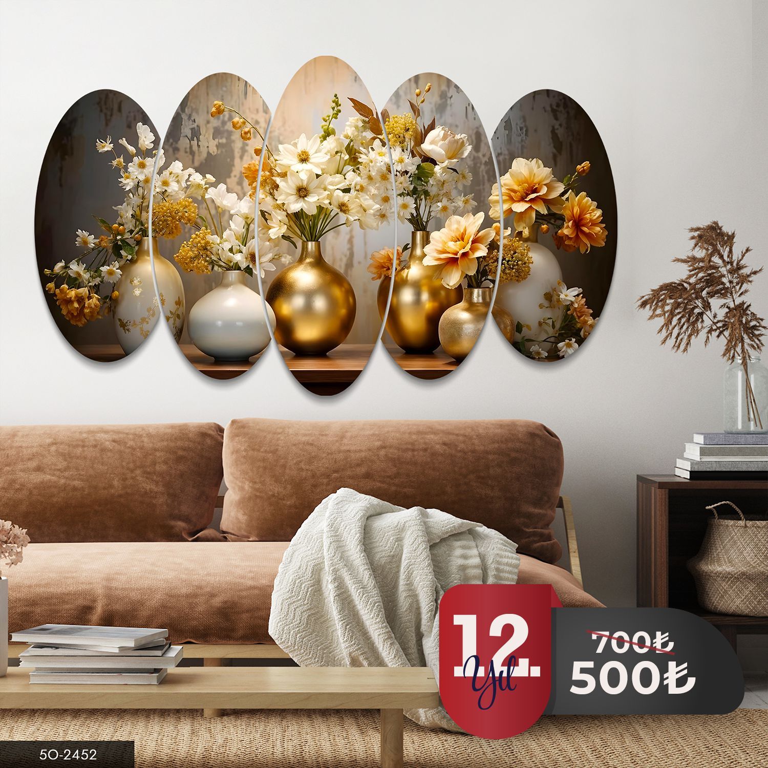 Gold Vazoda Çiçekler 5 Parça Mdf Tablo 60x100 CM