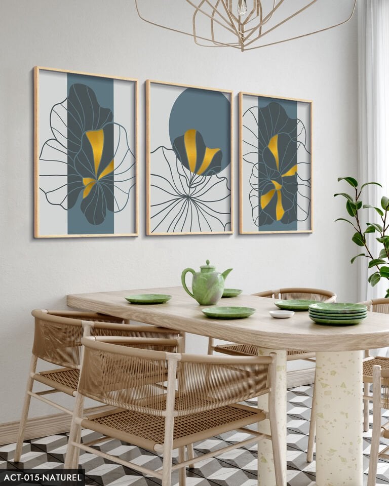 Çizim Çiçekler 3 Parça Ahşap Çerçeveli Tablo ACT Naturel - 40 x 60 CM