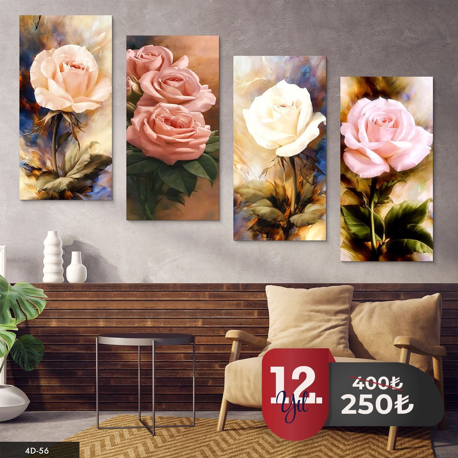 Renkli Güller 4 Parça Mdf Tablo